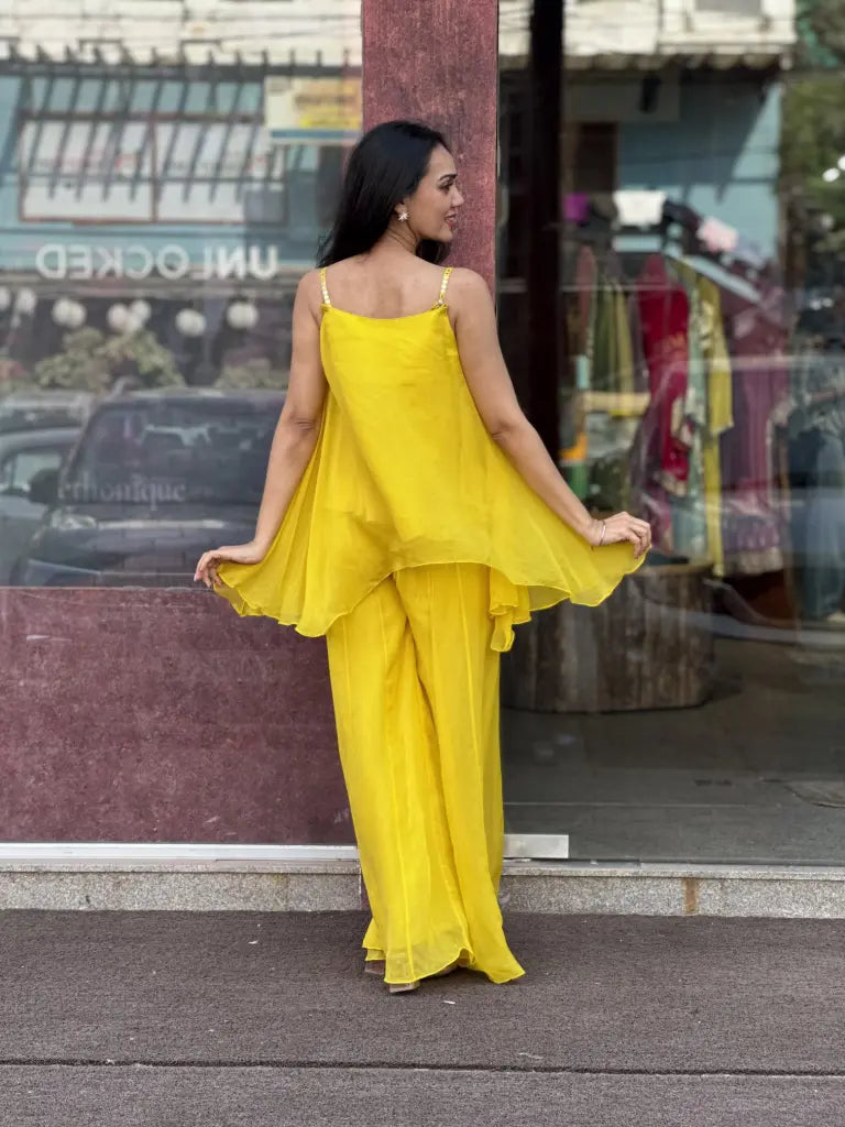 Side drape and silhouette of yellow indo western dress — Yellow Indo Western Dress