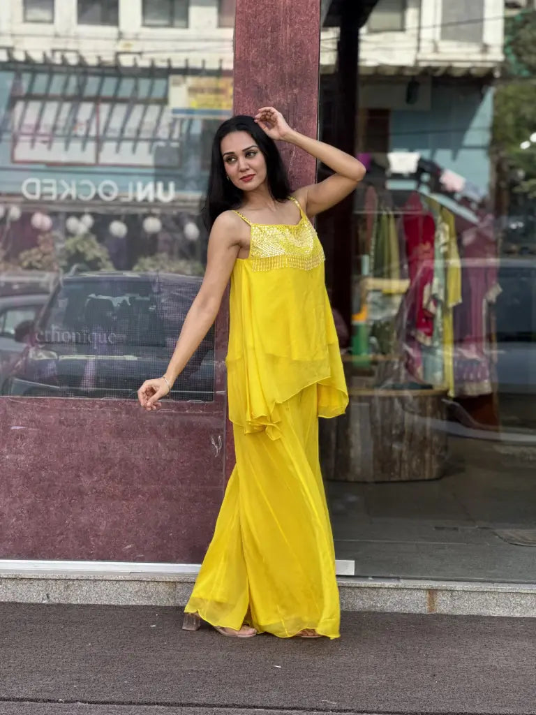 Fabric and fall detail in yellow indo western dress — Yellow Indo Western Dress