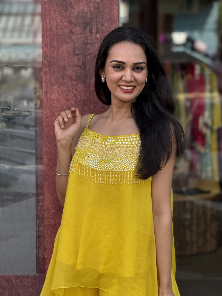 Yellow indo western dress styling detail — Yellow Indo Western Dress