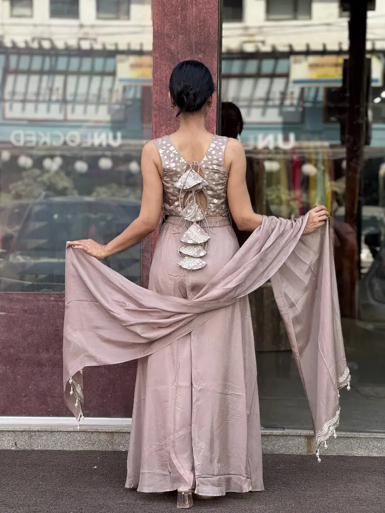Side drape and silhouette of mauve indo western dress — Mauve Indo Western Dress
