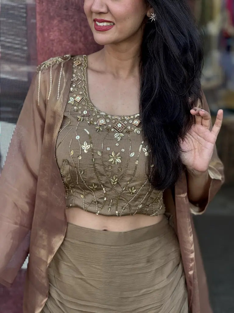Front styling view of golden indo western dress — Golden Indo Western Dress