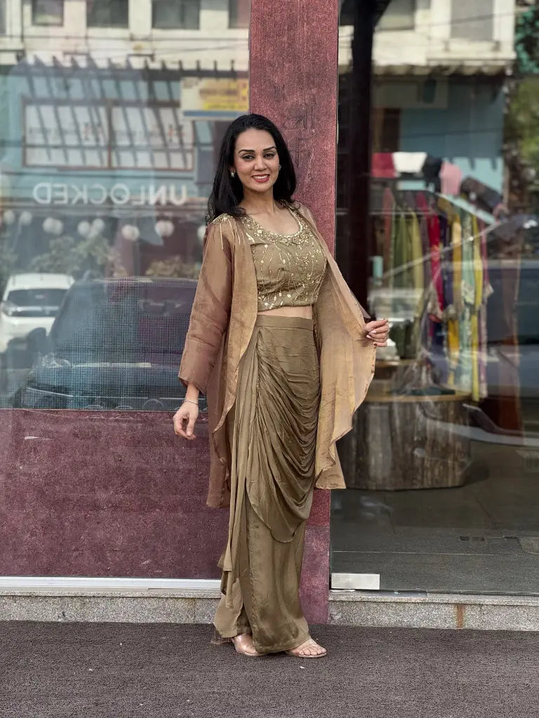 Side drape and silhouette of golden indo western dress — Golden Indo Western Dress