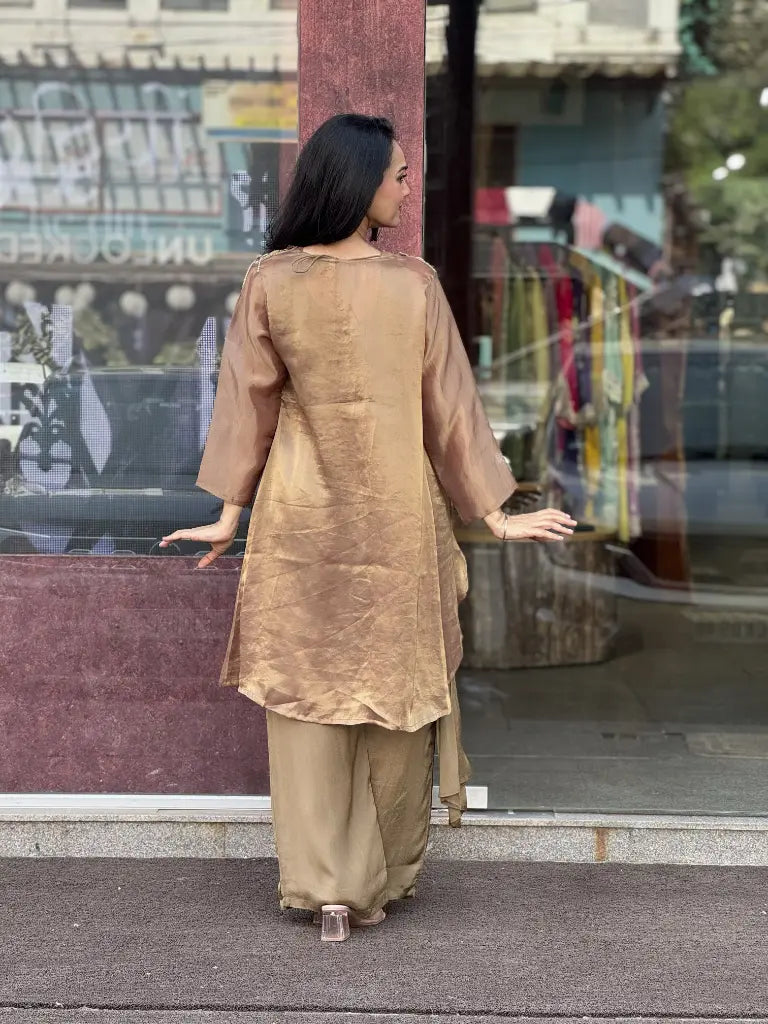 Fabric and fall detail in golden indo western dress — Golden Indo Western Dress