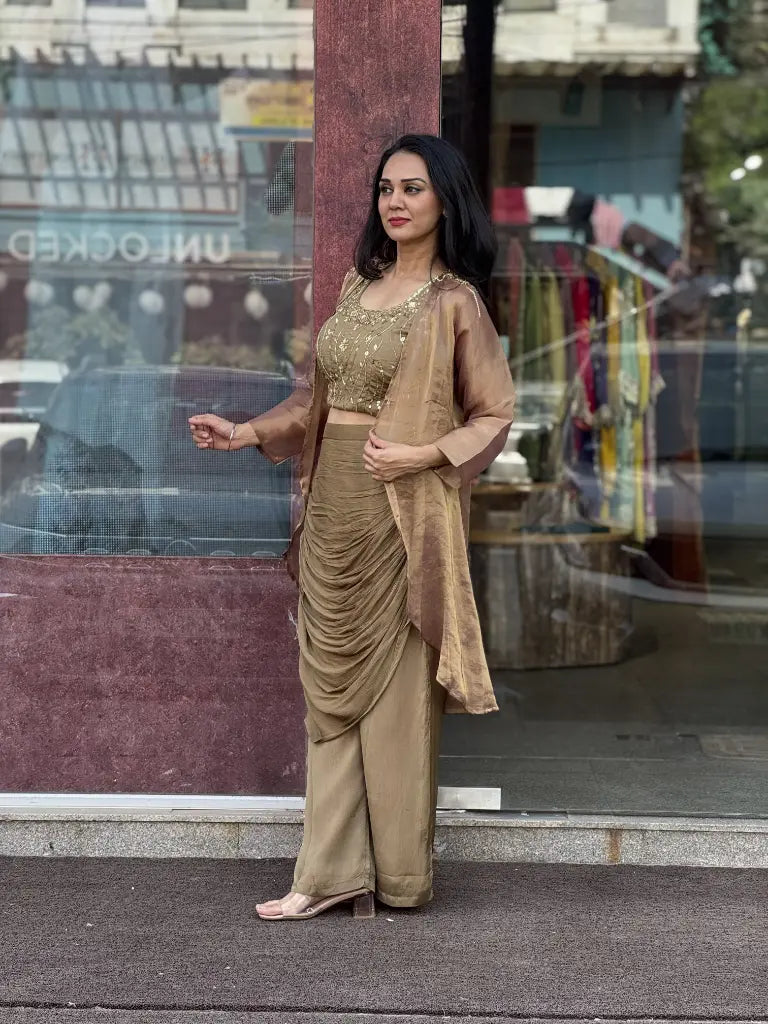 Golden indo western dress styling detail — Golden Indo Western Dress