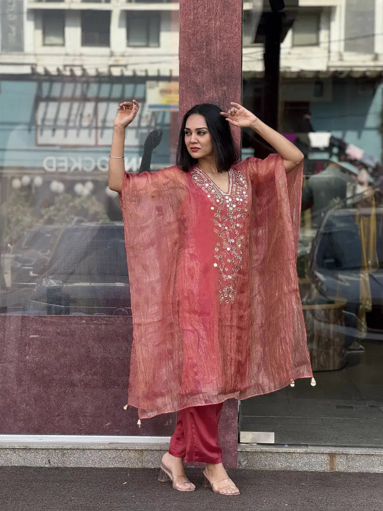 Rust Orange Organza Kaftan Set for Women | Ethonique
