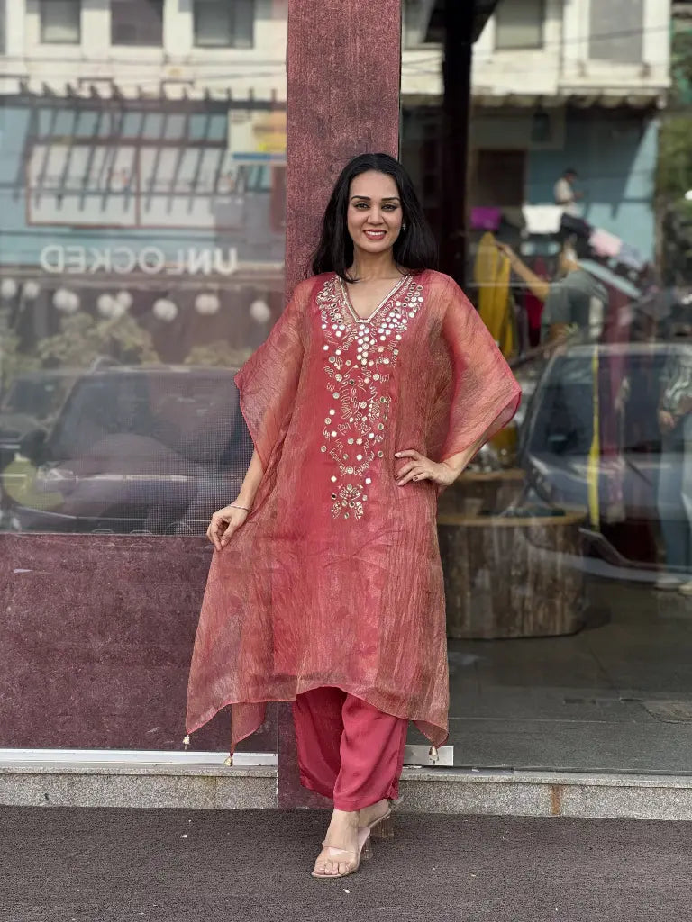 Side drape and silhouette of rust orange kaftan set — Rust Orange Kaftan Set