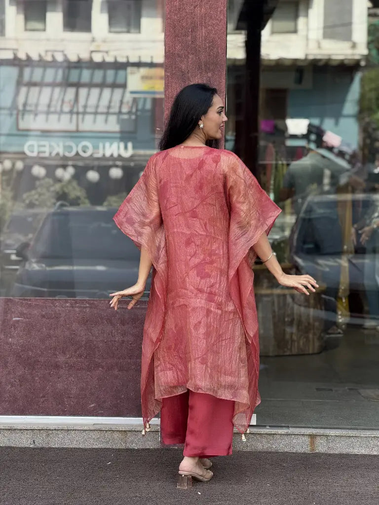 Fabric and fall detail in rust orange kaftan set — Rust Orange Kaftan Set
