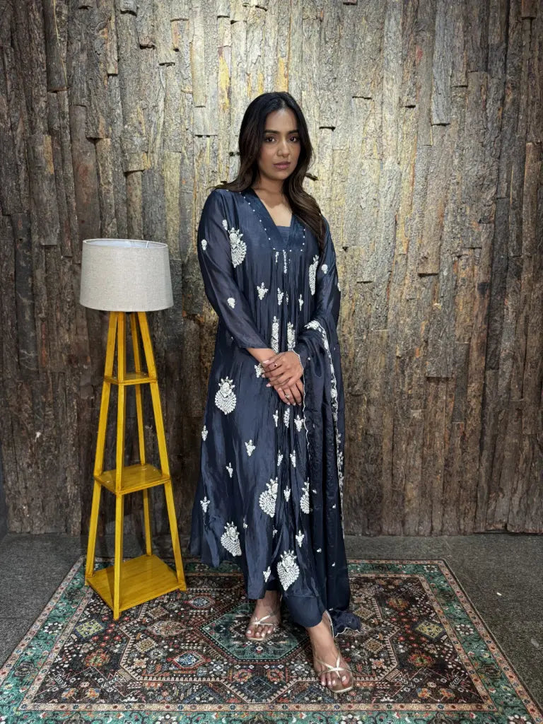Navy Blue Chinnon Kurta Set for Women | Ethonique