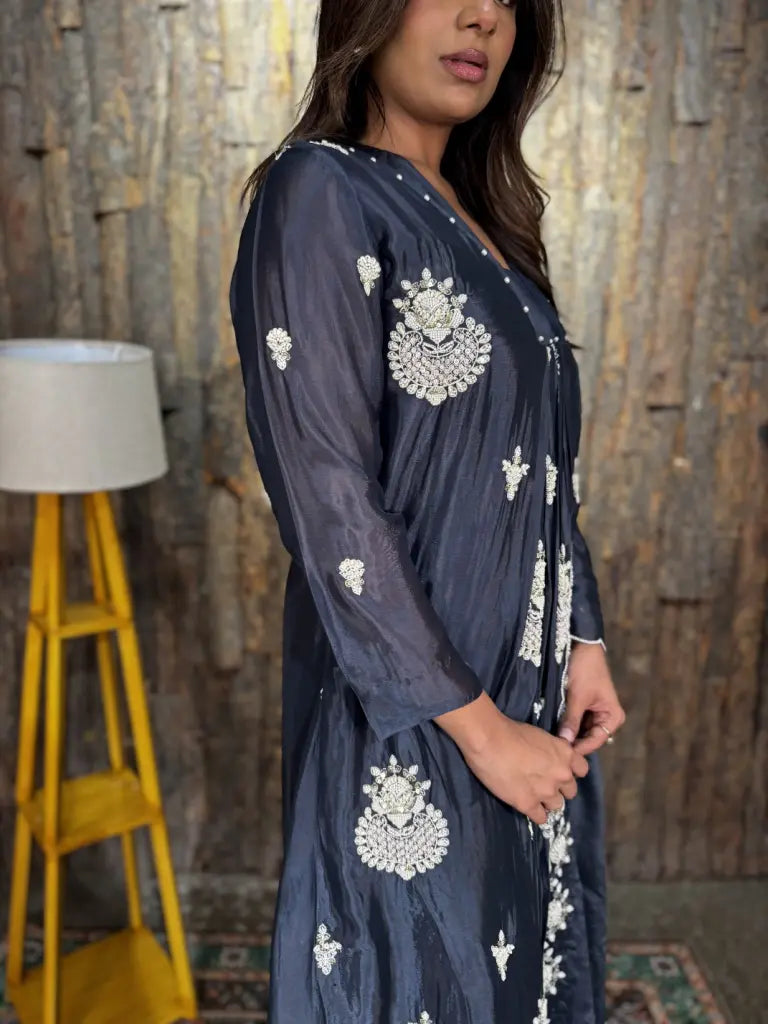 Front styling view of navy blue kurta set — Navy Blue Kurta Set