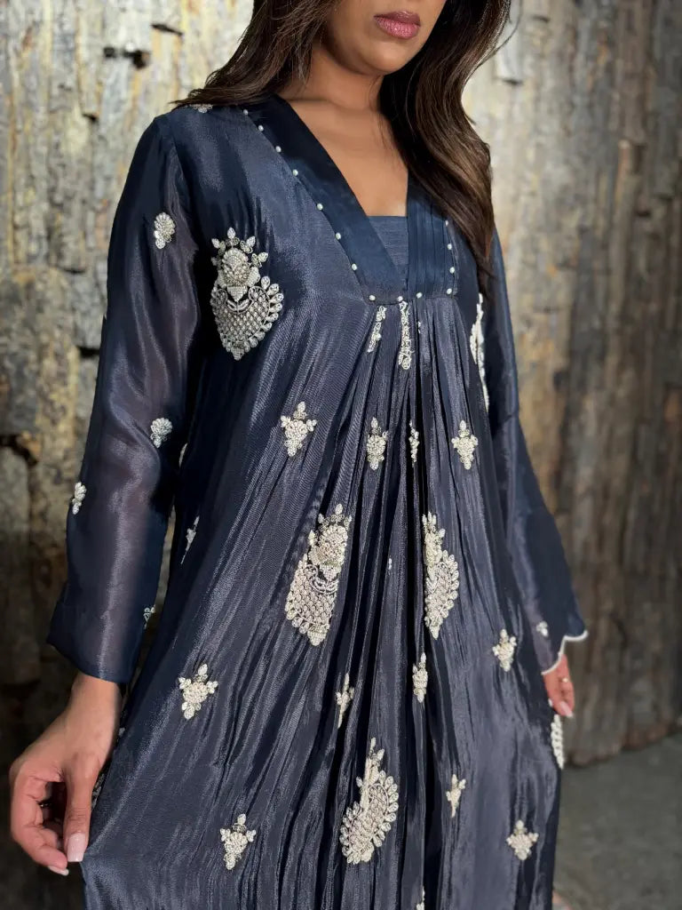 Fabric and fall detail in navy blue kurta set — Navy Blue Kurta Set