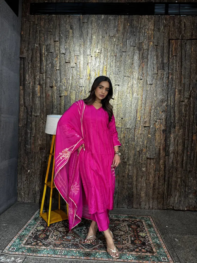 Hot Pink Chinnon Kurta Set for Women | Ethonique
