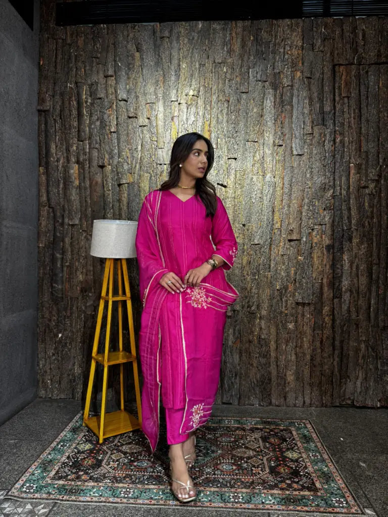 Front styling view of hot pink kurta set — Hot Pink Kurta Set