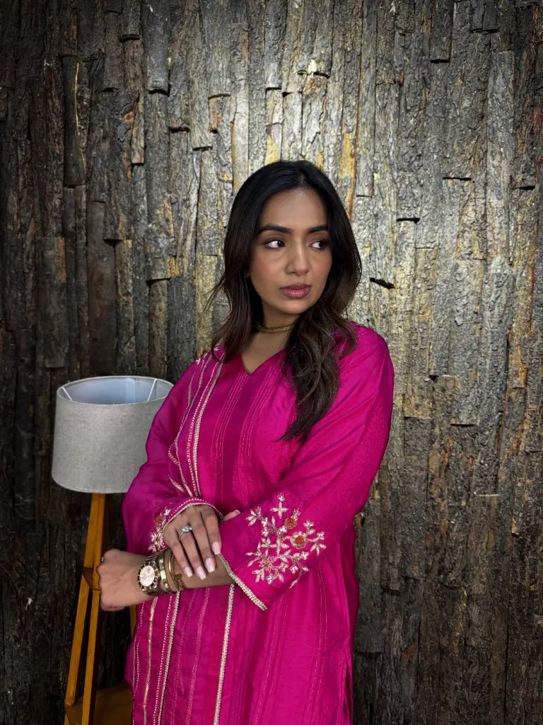 Side drape and silhouette of hot pink kurta set — Hot Pink Kurta Set