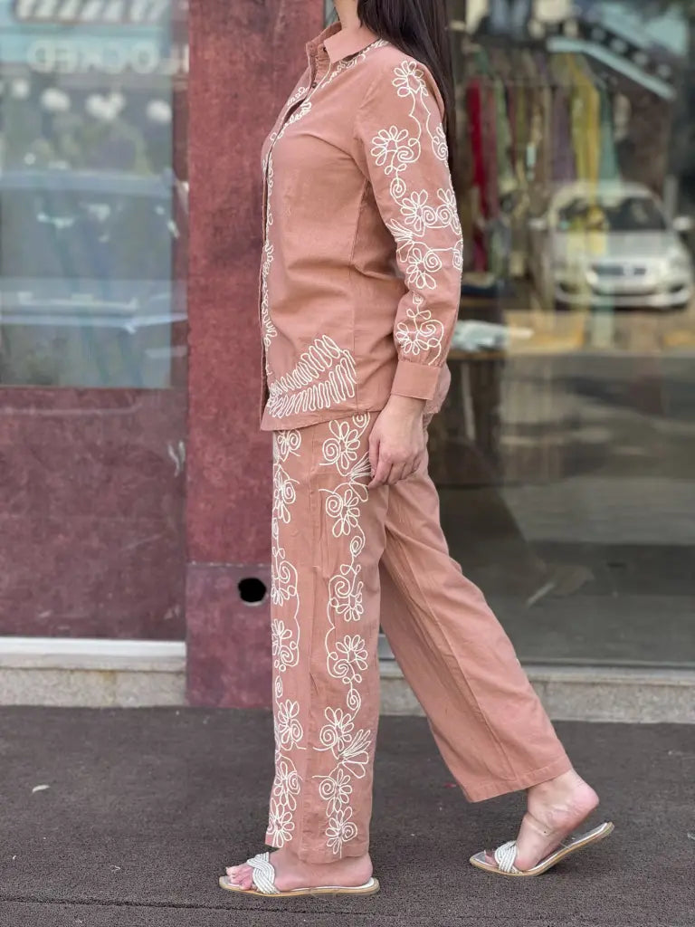 Side drape and silhouette of peach co-ord set — Peach Co-ord Set