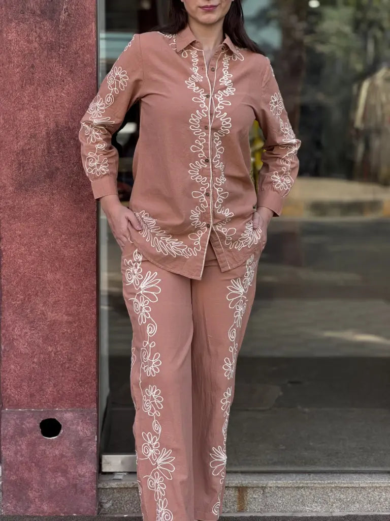 Fabric and fall detail in peach co-ord set — Peach Co-ord Set