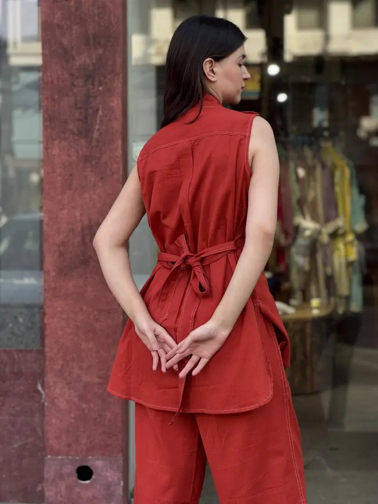 Side drape and silhouette of rust orange co-ord set — Rust Orange Co-ord Set