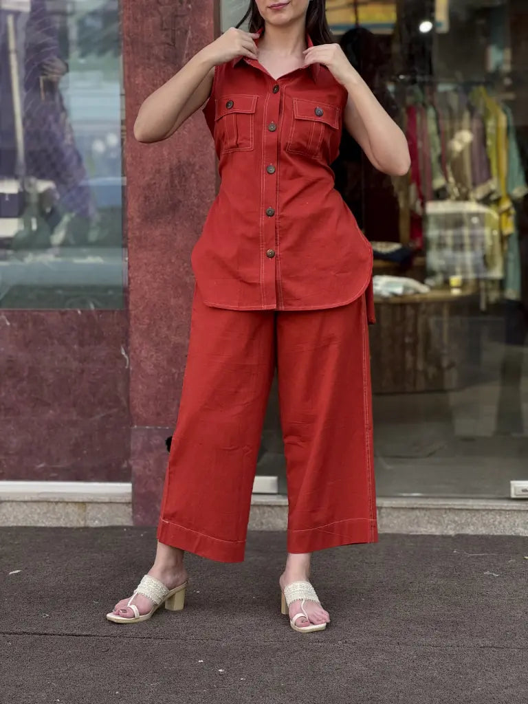 Fabric and fall detail in rust orange co-ord set — Rust Orange Co-ord Set