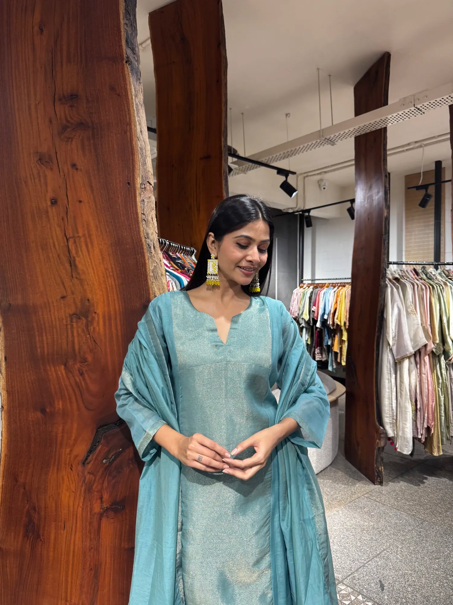 Side view — Teal Blue Mul Chanderi Kurta Set