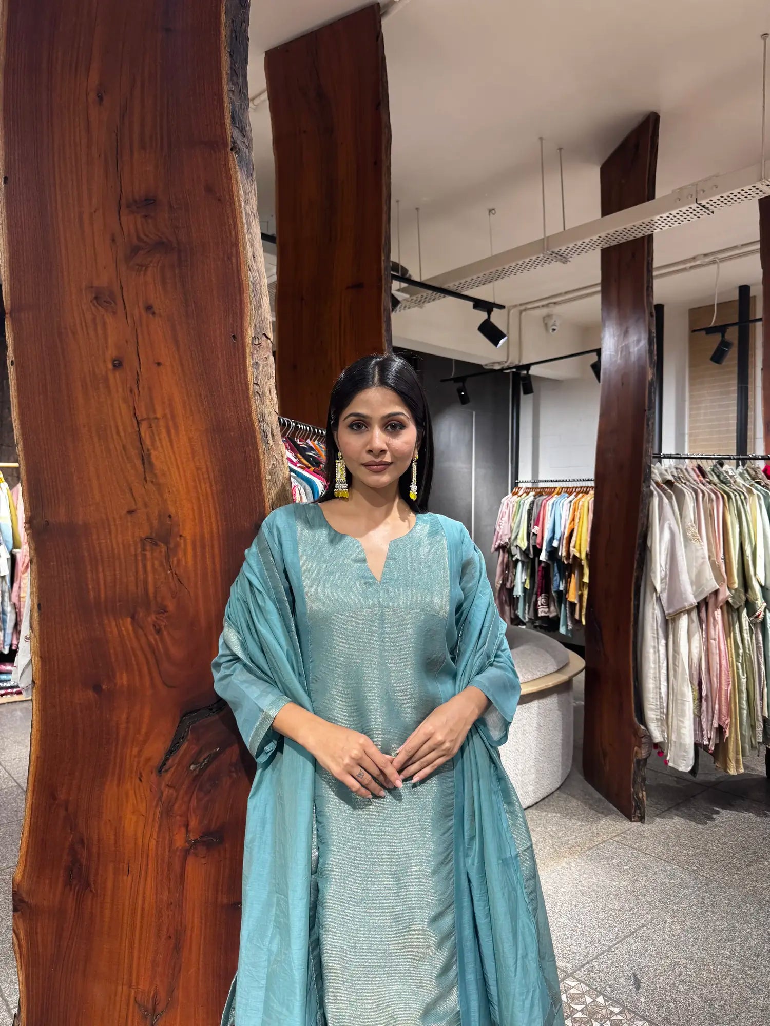 Detail view — Teal Blue Mul Chanderi Kurta Set