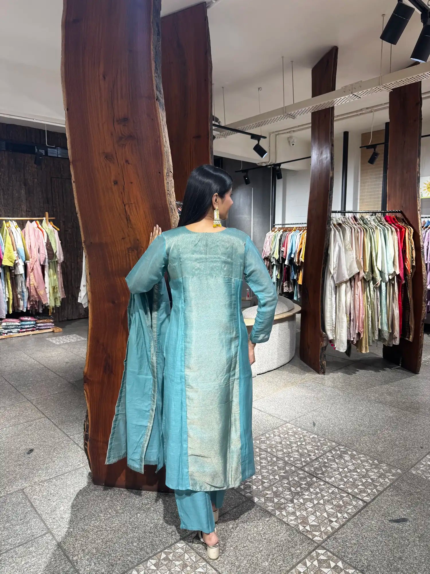 Back view — Teal Blue Mul Chanderi Kurta Set
