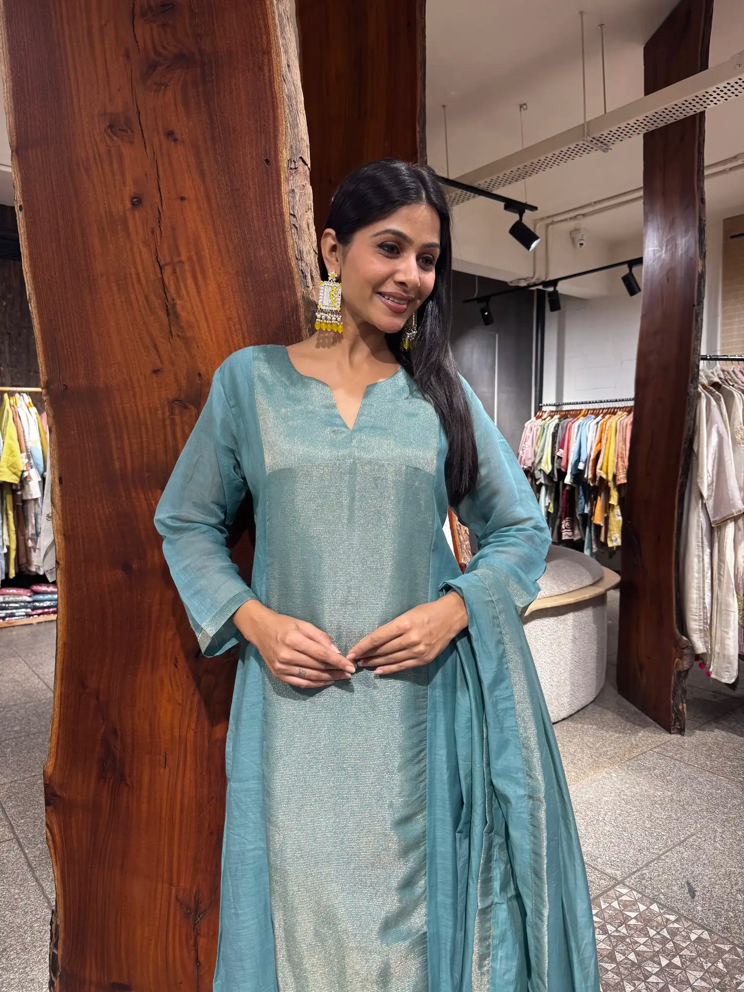 Full outfit view — Teal Blue Mul Chanderi Kurta Set