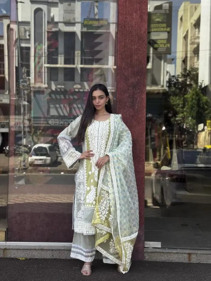 Green Cotton Straight Cut Kurta Set for Women