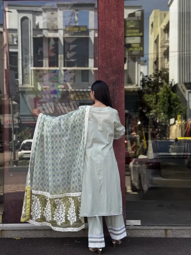 Side view — Green Cotton Kurta Set