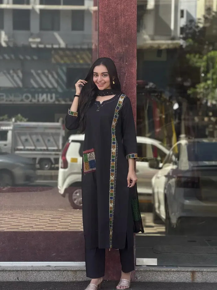 Black Cotton Straight Cut Kurta Set for Women