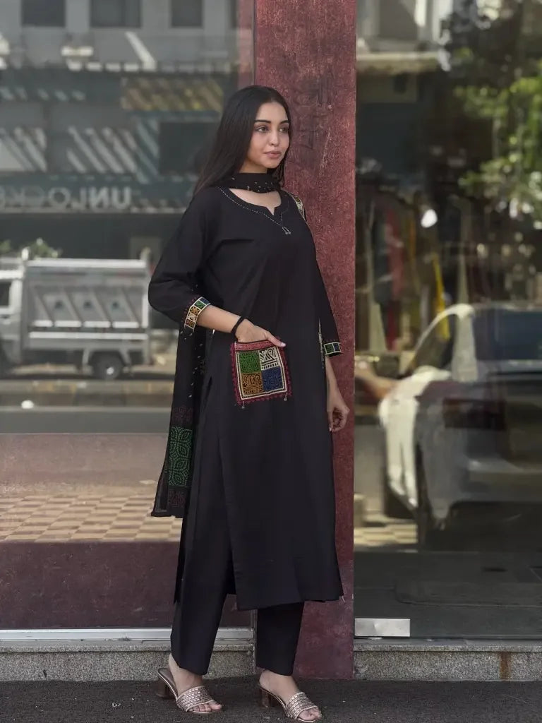 Close-up view — Black Cotton Kurta Set