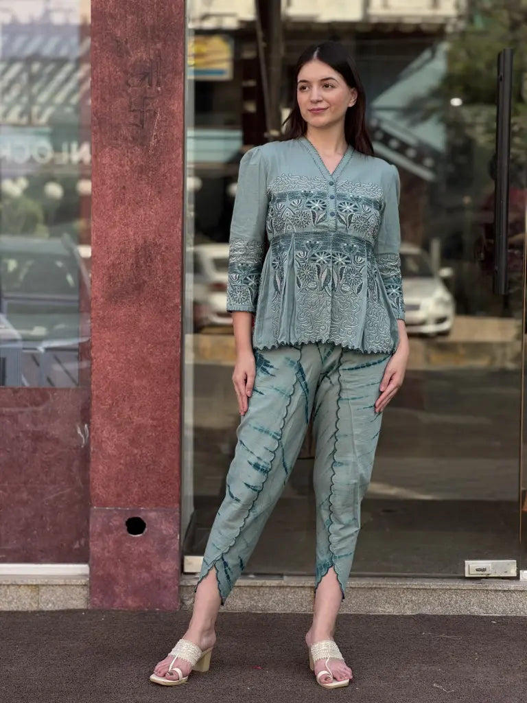 Side drape and silhouette of sky blue co-ord set — Sky Blue Co-ord Set