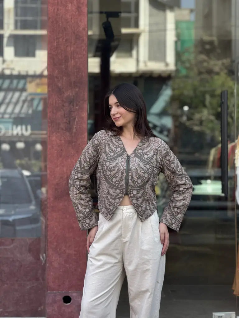 Mehendi Linen Jacket for Women | Ethonique
