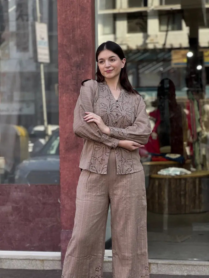 Brown Cotton Short Kurta Co-ord Set for Women