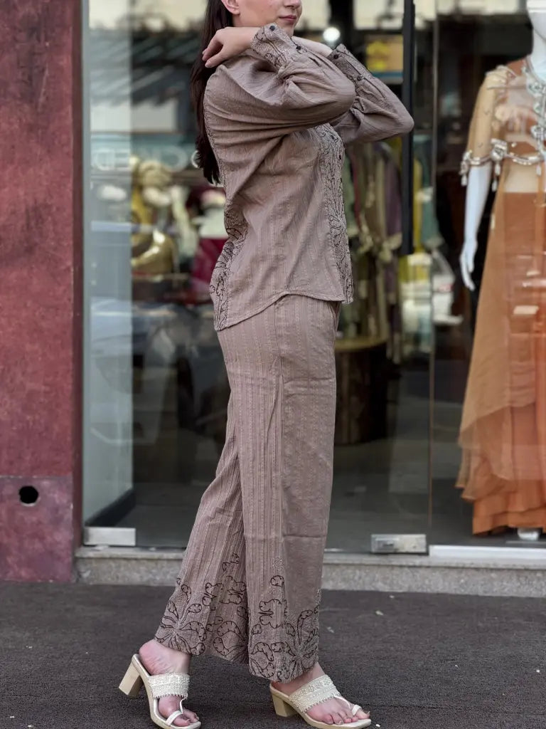 Front styling view of brown co-ord set — Brown Co-ord Set
