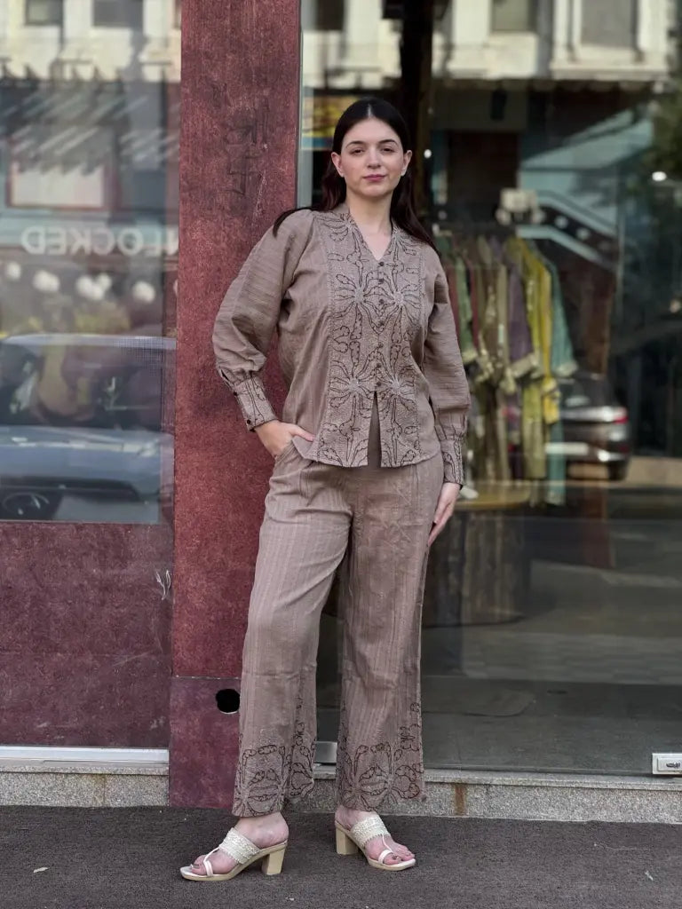 Fabric and fall detail in brown co-ord set — Brown Co-ord Set