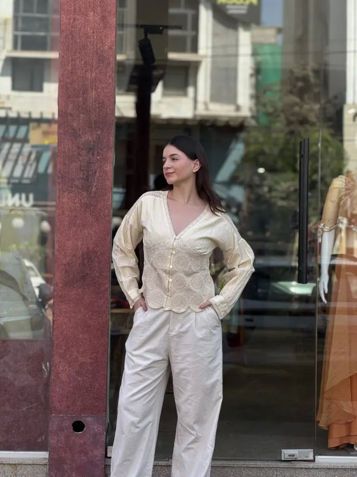 Off White Muslin Short Kurta Tunic Top for Women