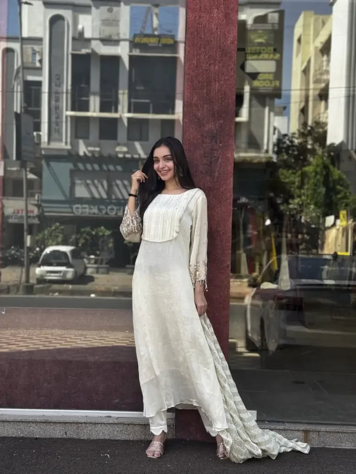 White Tissue A-Line Kurta Set for Women