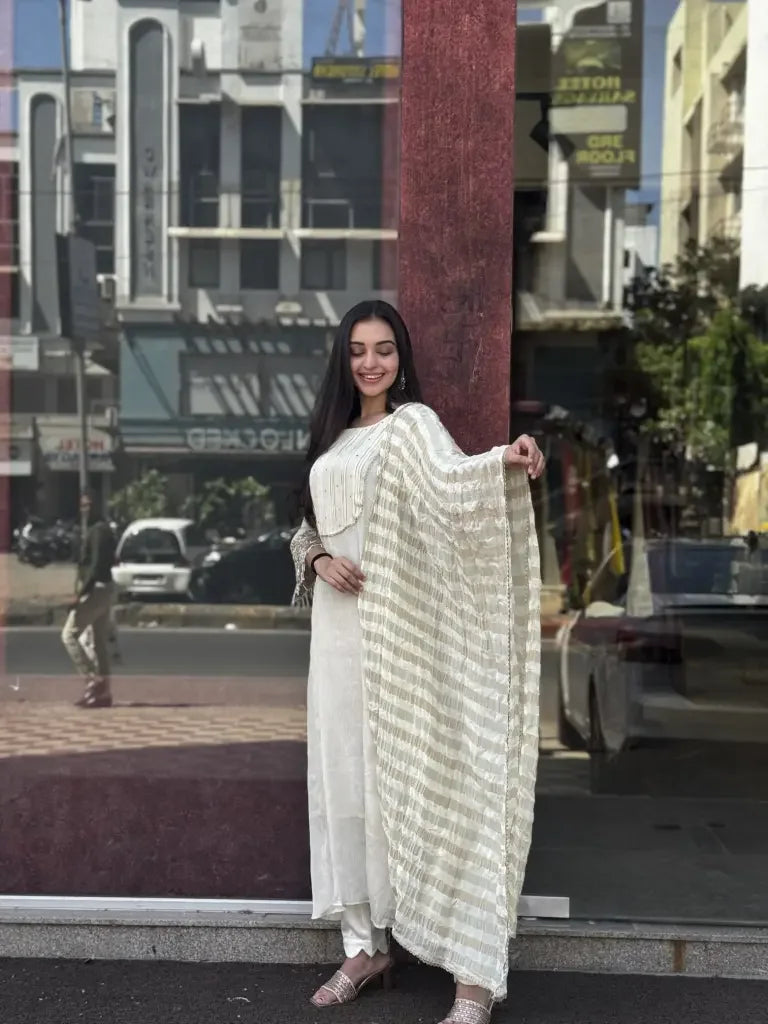 Full outfit view — White Mul Chanderi Kurta Set