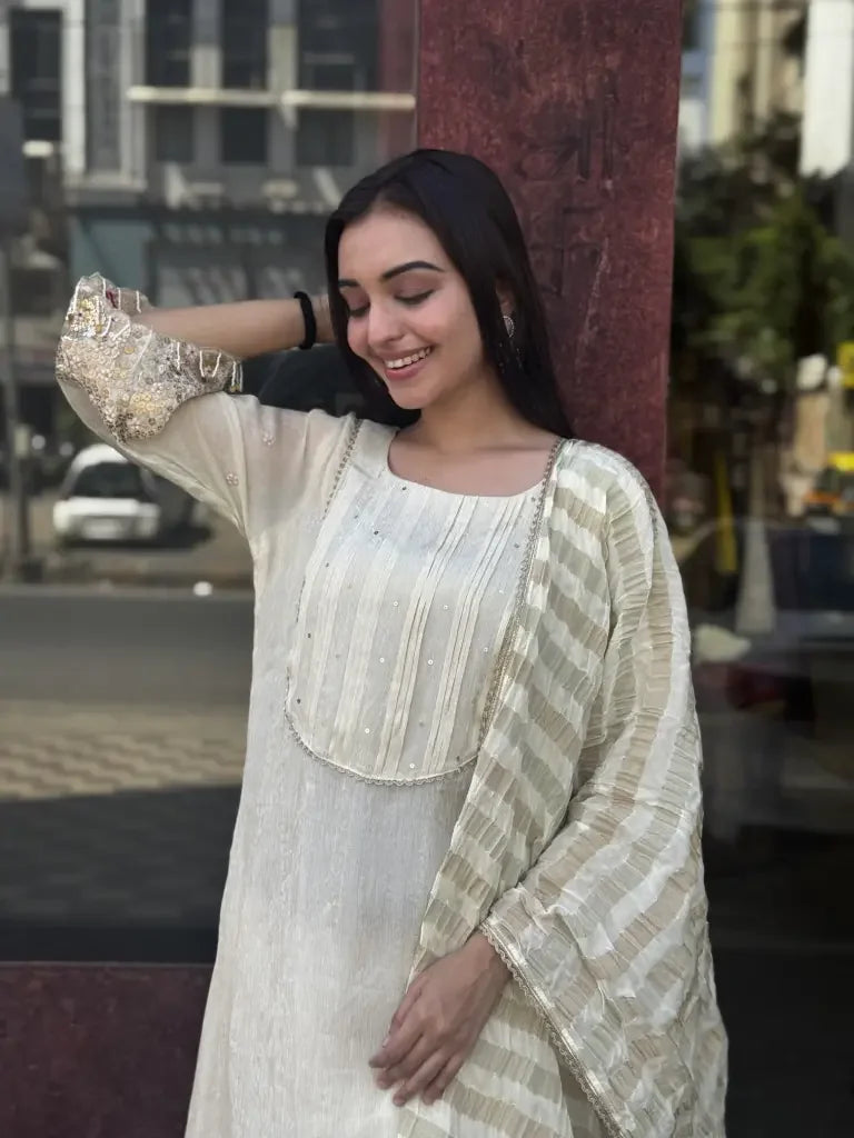 Side view — White Mul Chanderi Kurta Set