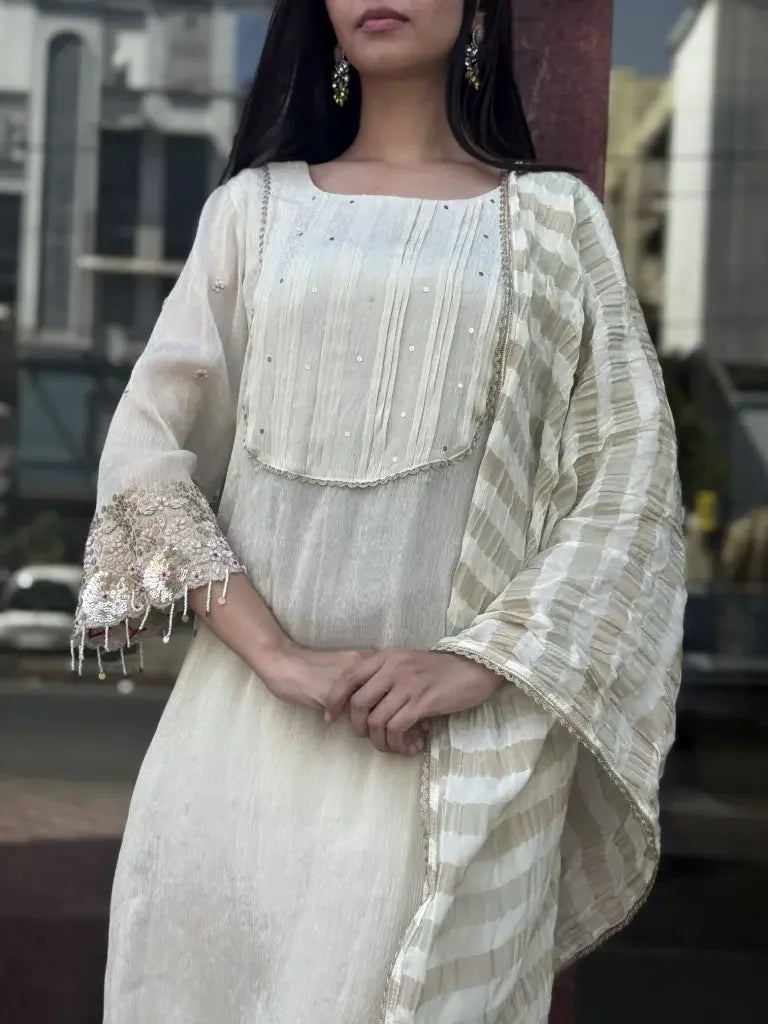 Back view — White Mul Chanderi Kurta Set