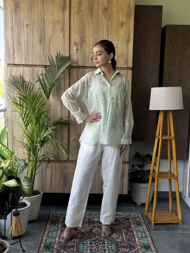 Sea Green Mul Chanderi Co-Ord Set for Women | Ethonique