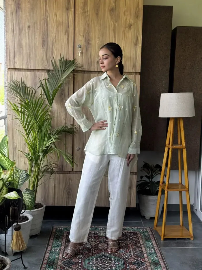 Sea Green Mul Chanderi Co-Ord Set for Women