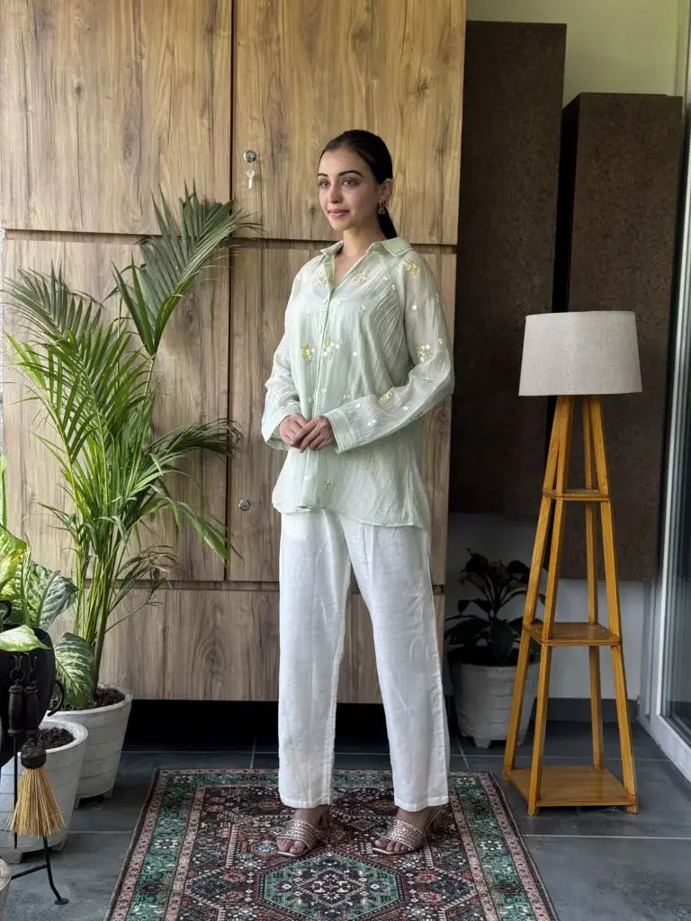 Full outfit view — Sea Green Mul Chanderi Co-Ord Set
