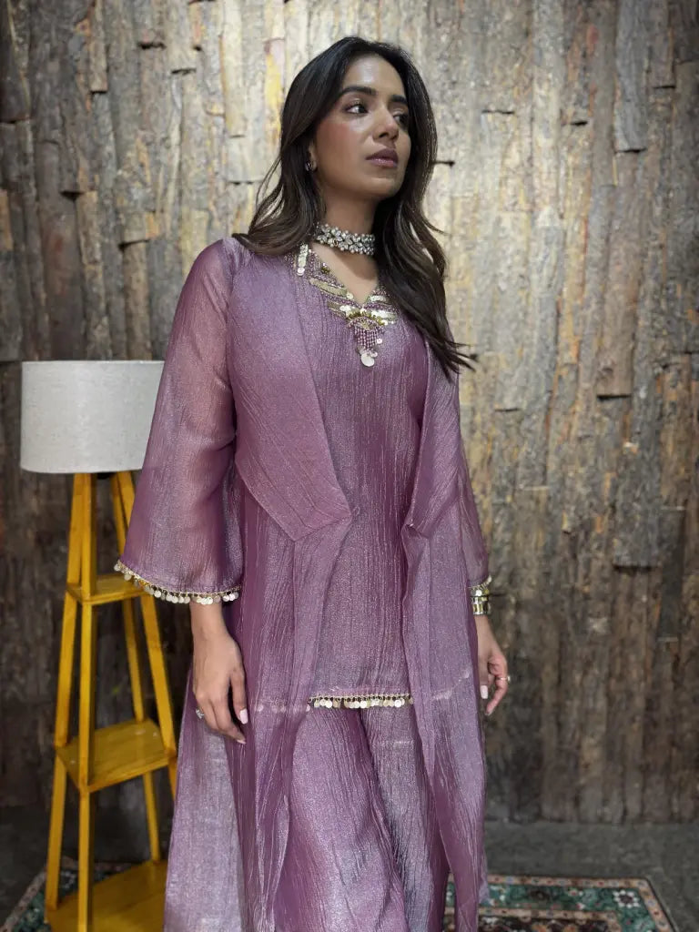 Front styling view of lavender indo western dress — Lavender Indo Western Dress