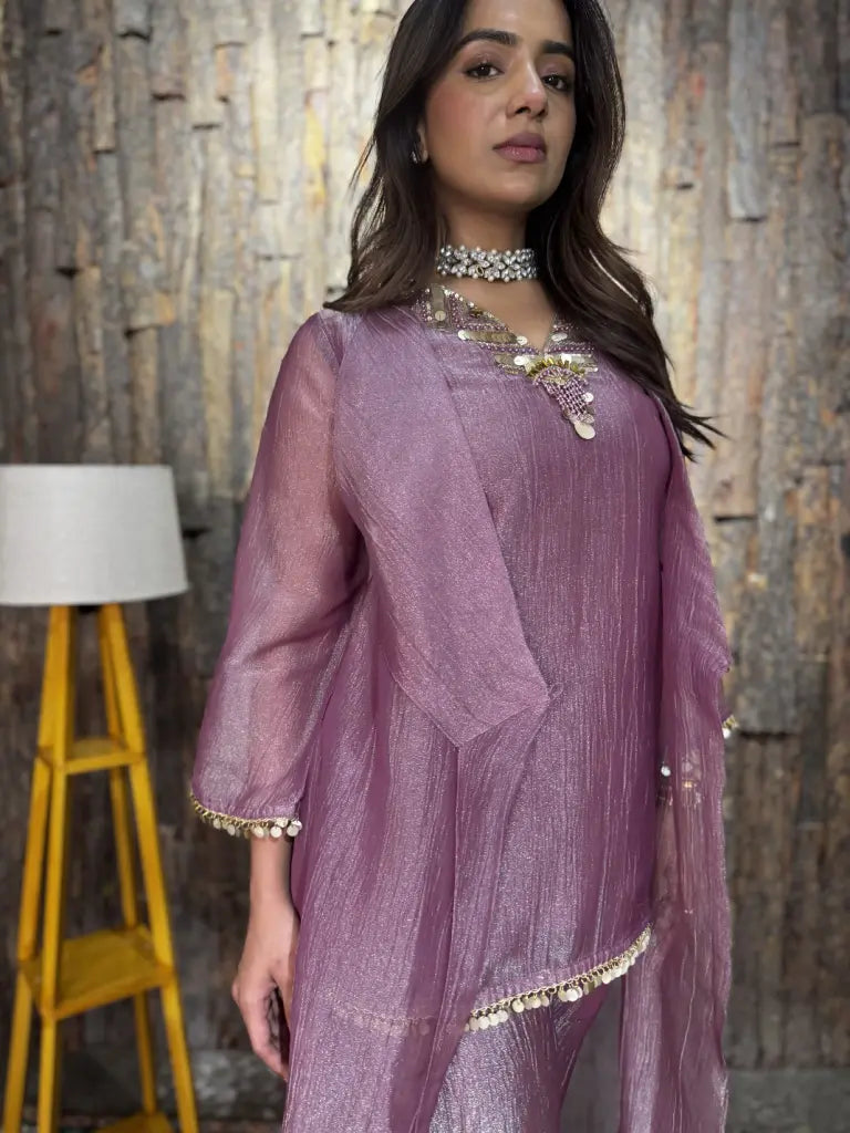 Fabric and fall detail in lavender indo western dress — Lavender Indo Western Dress