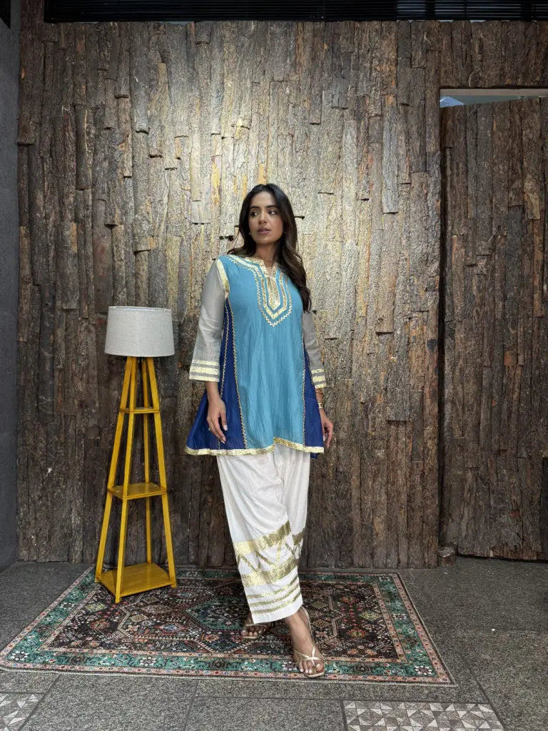 Sky Blue Mul Chanderi Kurta Set for Women | Ethonique