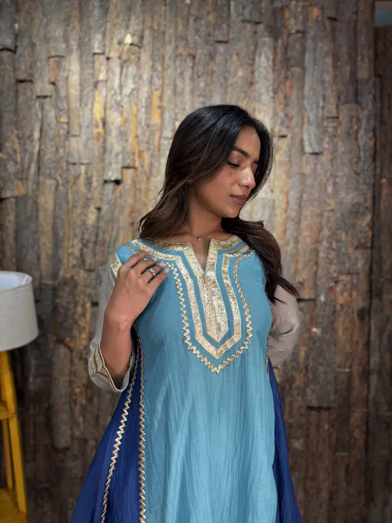 Fabric and fall detail in sky blue kurta set — Sky Blue Kurta Set