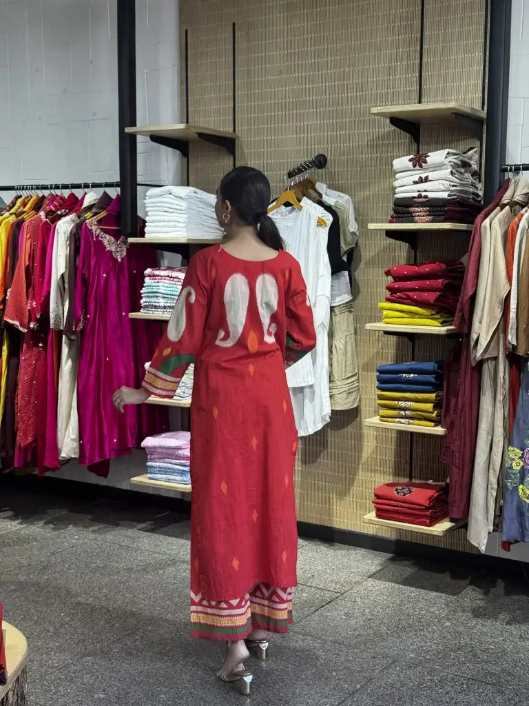 Back view — Red Cotton Kurta Set