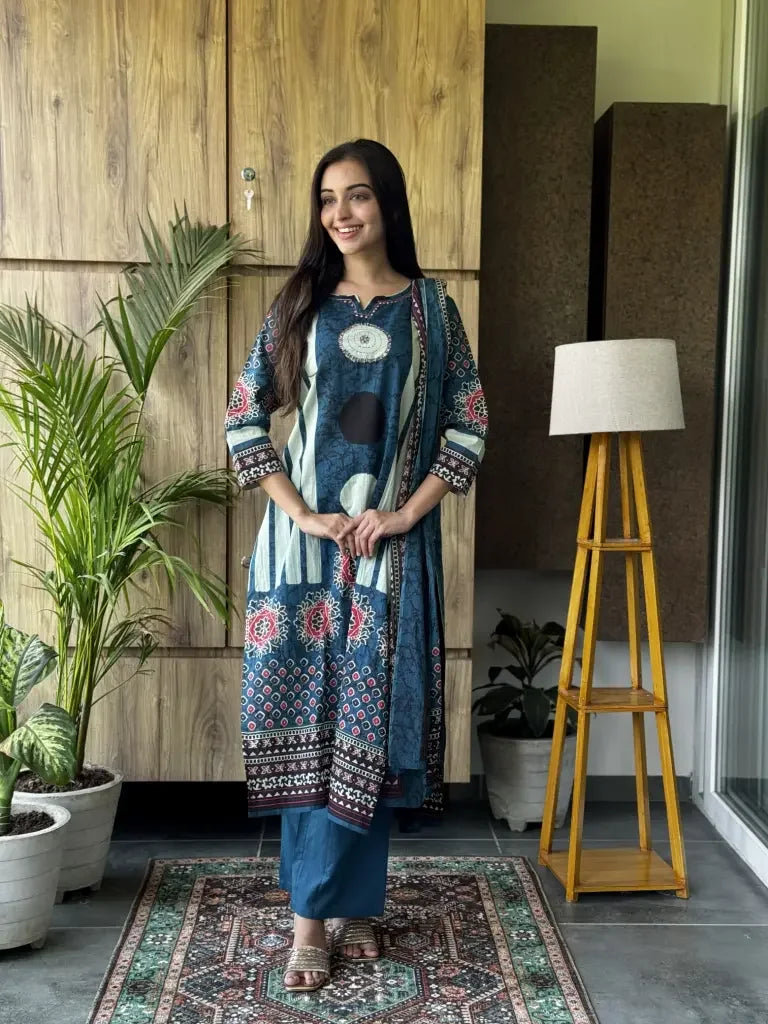 Close-up view — Indigo Cotton Kurta Set