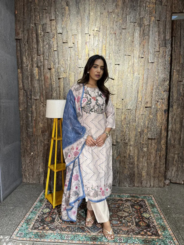 Cream Linen Kurta Set for Women | Ethonique