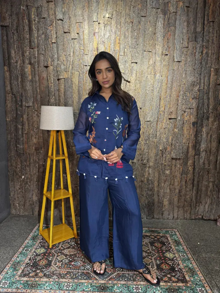Navy Blue Mul Chanderi Co-ord Set for Women | Ethonique